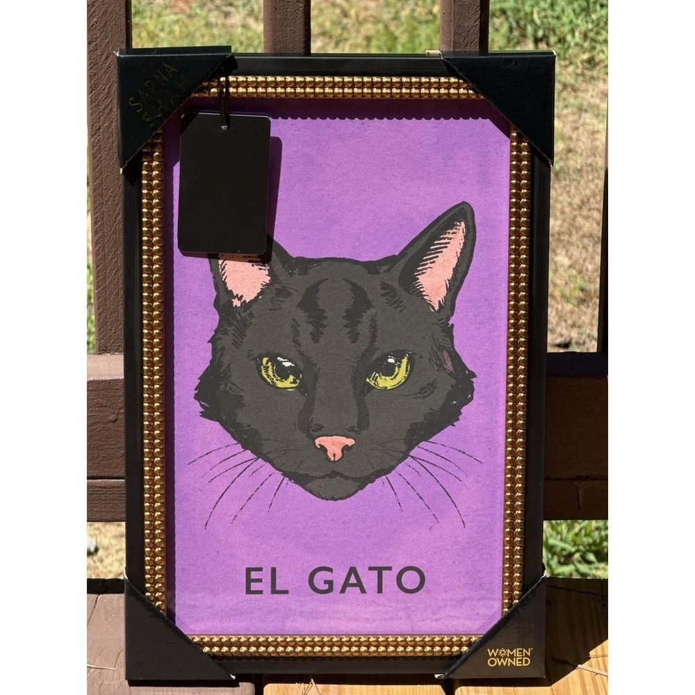 NEW El Gato 56 Framed Black Cat Mexican Art Print Sapna Shah 12x18 Gold Purple